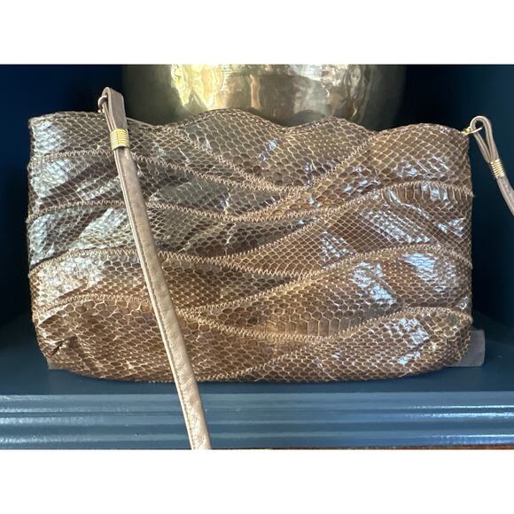 Vintage 70s Sylvia Snakeskin Convertible Clutch Shoulder Bag Brown 11"x7" - Picture 2 of 9